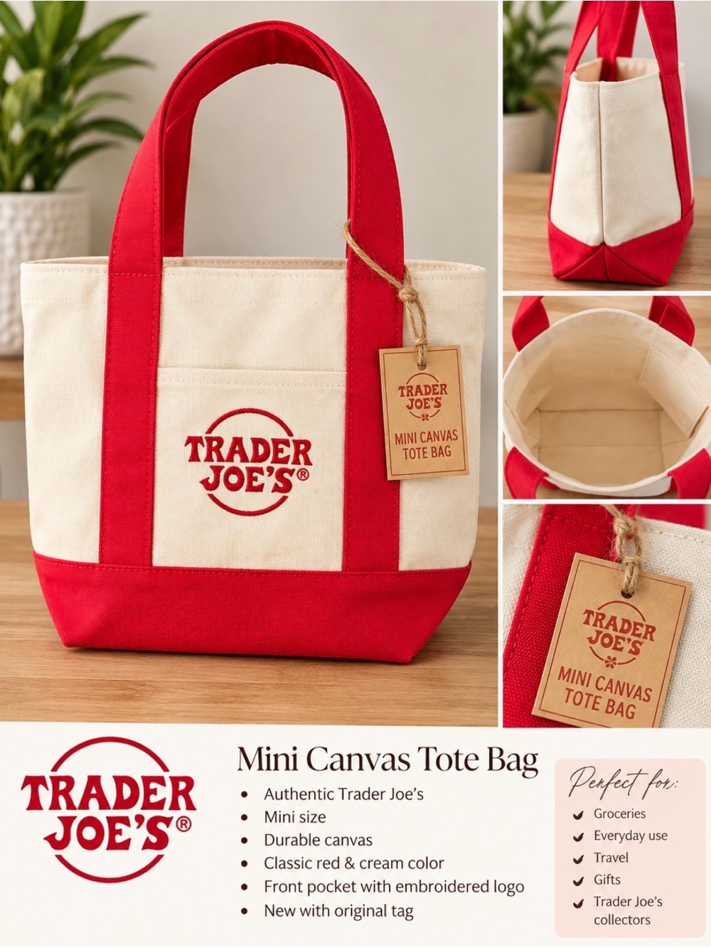 Red & Cream Mini Canvas Tote Bag
